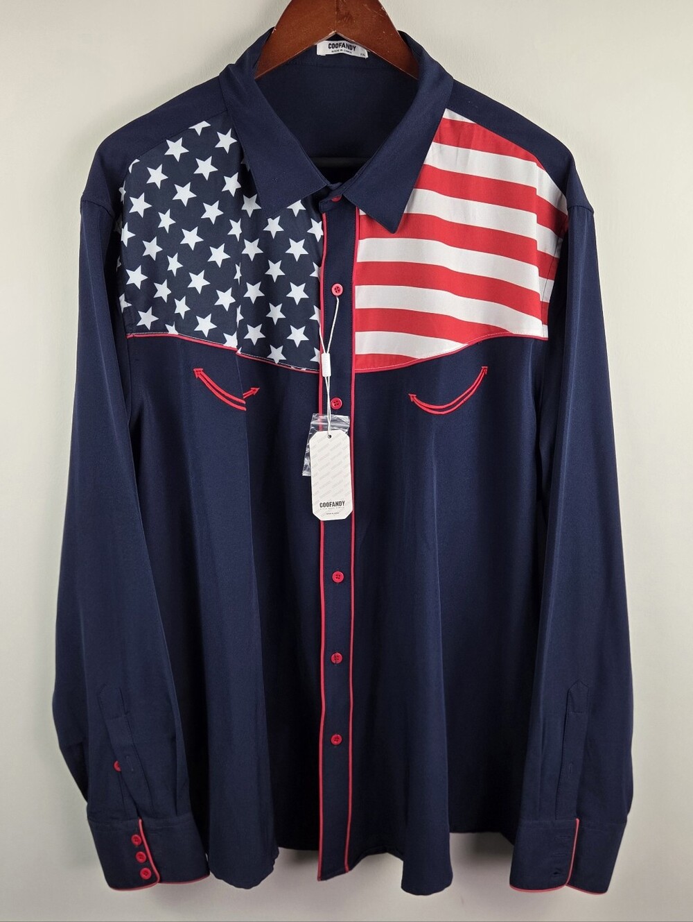 Coofandy American Flag Shirt Mens 2XL Navy Long Sleeve Button Up Cowboy Cut